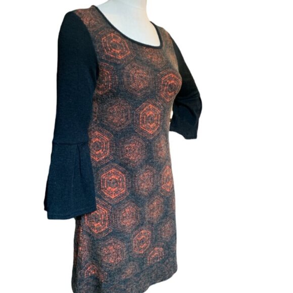 Aryeh BOHO Mod Knit Dress Bell Sleeve Geometric Print Sz S Black Multicolor #20E - Picture 3 of 8
